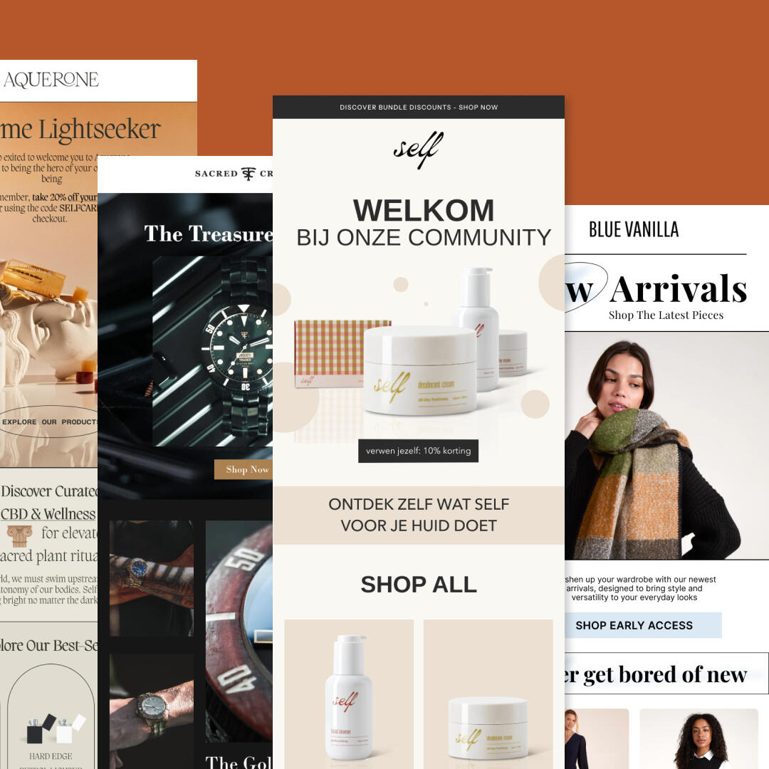 Email copywriting and design for Klaviyo flows and campaigns Custom email designs and copy created by Inbox Snacks for welcome, cart, and post-purchase flows