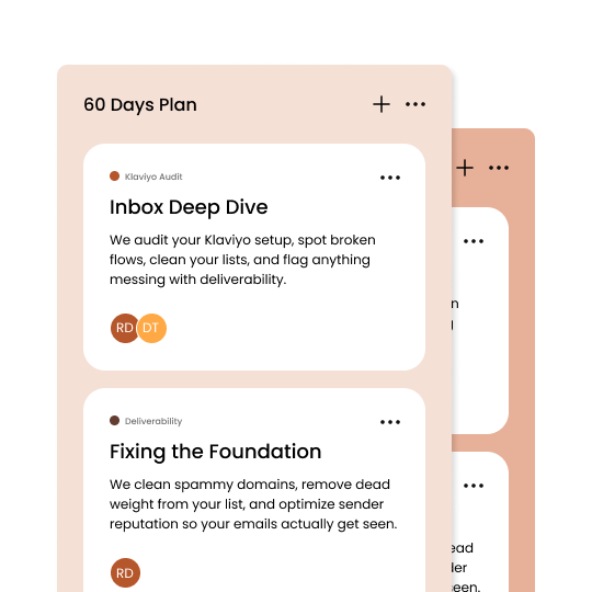 Klaviyo email marketing audit and 60-day roadmap planning Inbox Snacks roadmap planning step using a project management tool to map Klaviyo flows and strategy