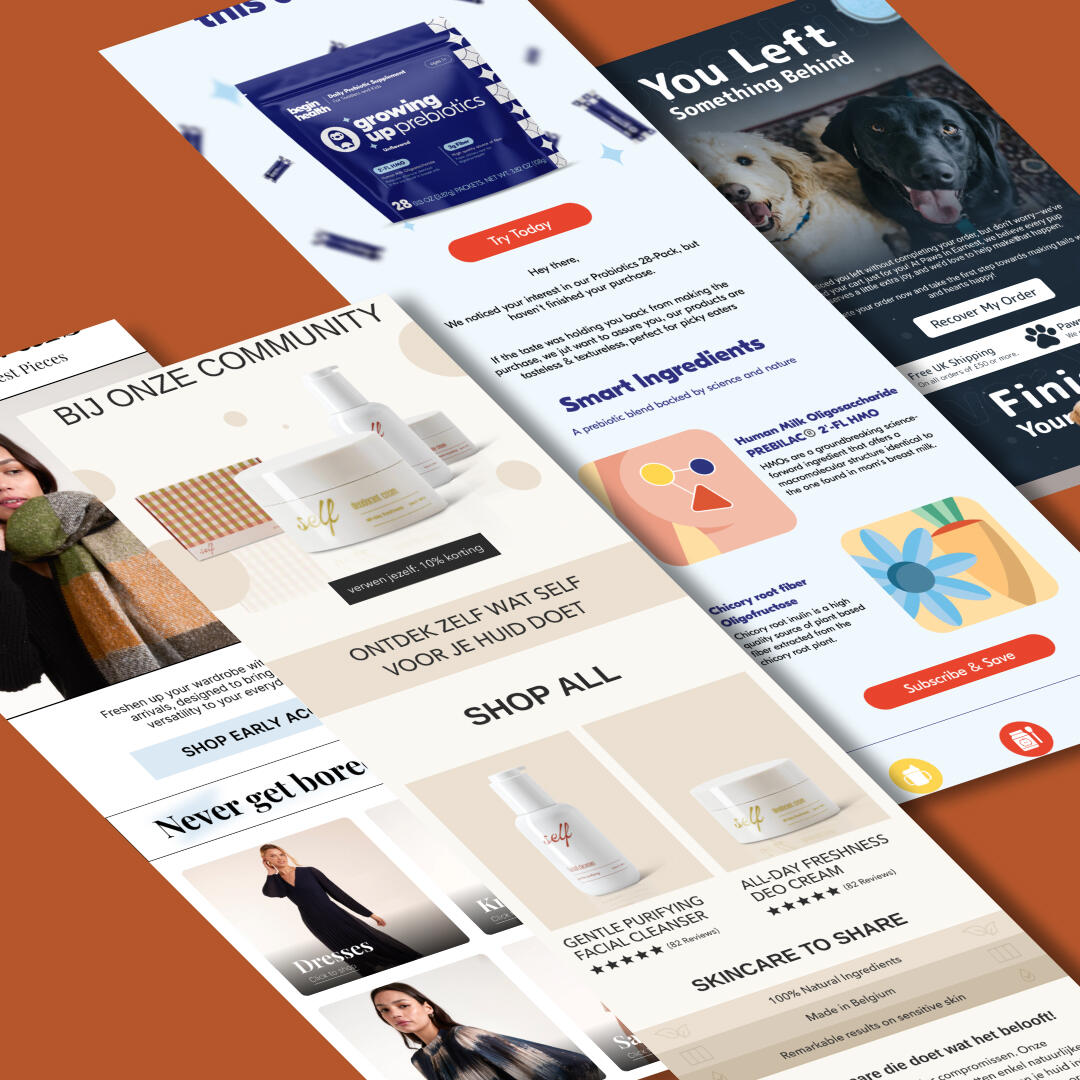 Email design examples from Inbox Snacks - Klaviyo flows and campaigns Portfolio preview of custom Klaviyo email designs created by Inbox Snacks for eCommerce flows and campaigns